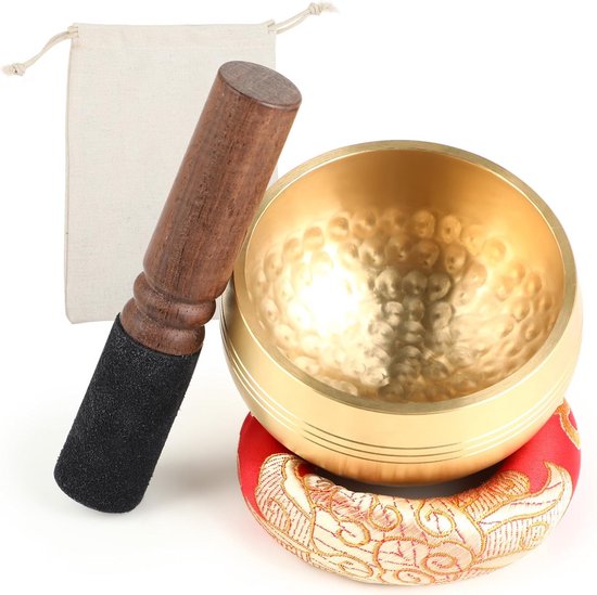 Tibetaanse Klankschaal - Rood - Klank schaal set uit Tibet - 8 cm - Inclusief Aanstrijkhout & Kussen - Meditatie, Yoga, Chakra - Klankschaalset - Singing bowl geschenkset met klopper
