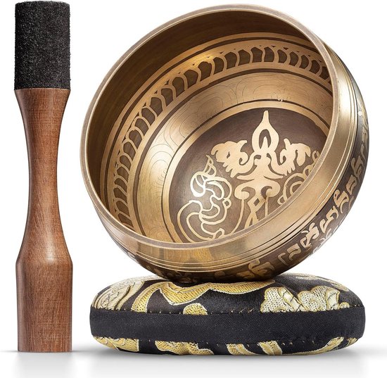 Tibetaanse klankschaal set - Bronzen Mantra Design - Met dubbelzijdige hamer en zijden kussentje - bevordert harmonie chakra healing - mindfulness - prachtig geschenk van T