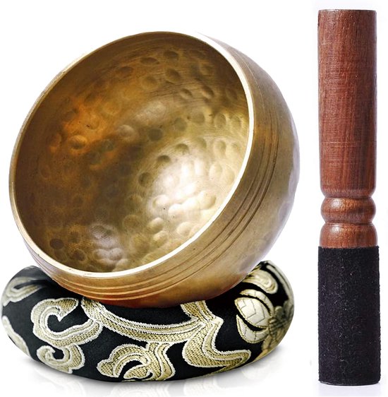 Tibetaanse Klankschaal Set - Meditatie Schaal met Aanstrijkhout & Kussen - Singing Bowl - Klank Schaal - Yoga, Chakra - Zwart - 8 cm van Merkloos