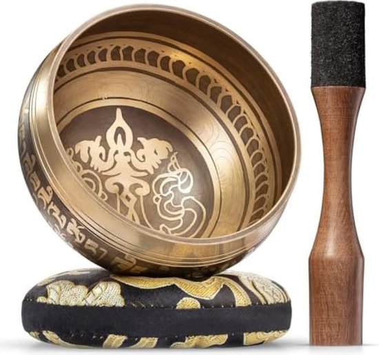 Tibetaanse klankschaal set met bronzen ontwerp, hamer en kussentje van Peaceful Warrior