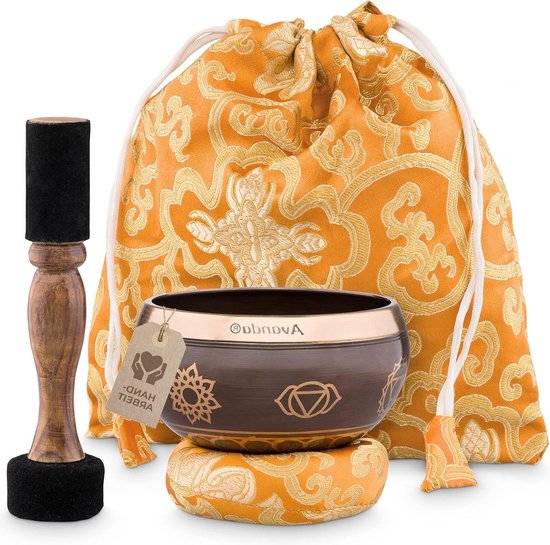 Tibetaanse klankschaalset chakra voor yoga meditatie ontspanning - handbeschilderde klankschaal Ø 10 cm dubbele lus vilt leer ringkussen tas handleiding van Casajame