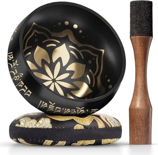 Tibetaanse klankschaalset - gemakkelijk te spelen met dual-end spits en kussen - prachtig geluid voor holistische genezing, stressverlichting, meditatie en ontspanning - gelukspatroon van T
