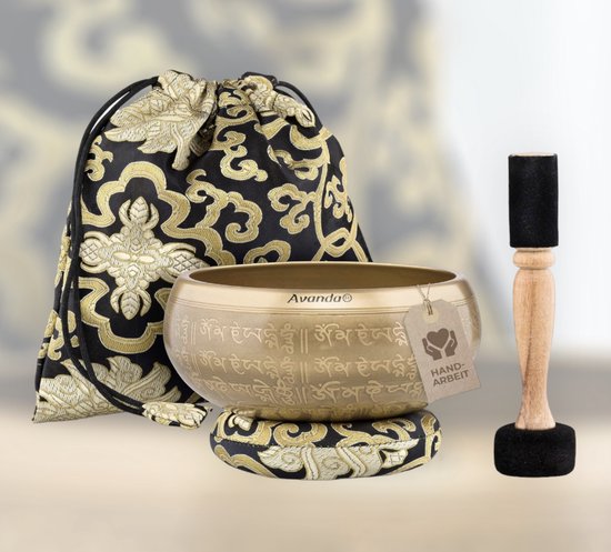 Tibetaanse klankschaalset Om voor yoga, meditatie en ontspanning - handbeschilderde Tibetaanse klankschaal Ø 16 cm, dubbele rackets met vilt en leer, ringkussen, tas en handleiding van Relaxdays