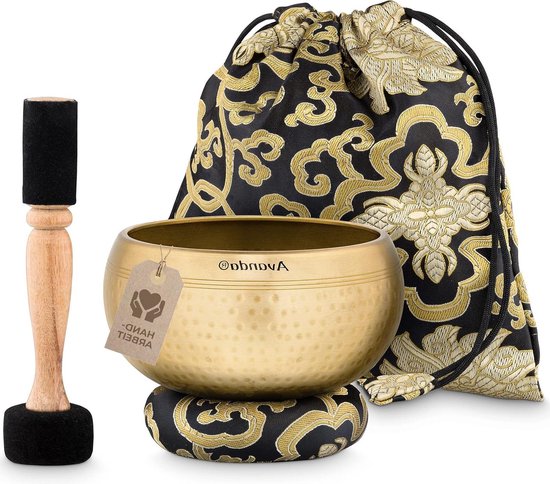 Tibetaanse klankschaalset voor meditatie en ontspanning - gehamerde Tibetaanse klankschaal Ø 135 cm - dubbele lus - ringkussen - zak - handleiding (mogelijk niet beschikbaar in het Nederlands) - Note. van Silent Mind