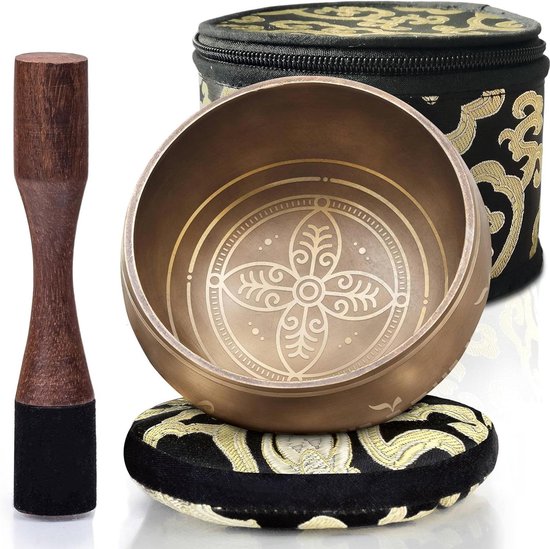 Tibetaanse klankschalenset gemakkelijk te spelen voor holistische genezing en stressverlichting met oud groefpatroon - Gouden schaal zwart kussen van Silent Mind