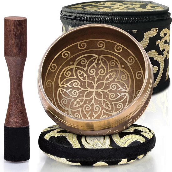 Tibetaanse klankschalenset voor holistische genezing en stressverlichting - gemakkelijk te spelen - creëert prachtig geluid voor meditatie en ontspanning - Kosmisch harmoniepatroon - Gouden kom met zwart van Silent Mind