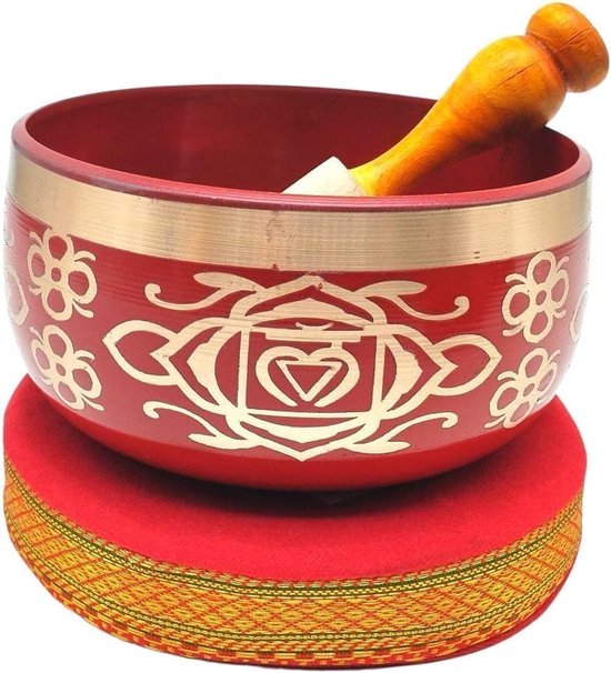 Tibetaanse Rood Klankschaal Set met Houten Klopper & Kussen – Handgemaakt voor Meditatie, Yoga, Klanktherapie & Spirituele Praktijken | Met Kajal Sticker van Merkloos