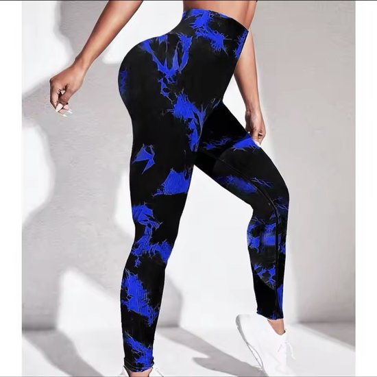 TIE DYE GYM LEGGING - Maat L - Blauw/Zwart - Blauw - Blue / Black - Multicolour Sportwear - Fitness Wear - Fitness legging - Sportlegging - Yogalegging - Gymwear - Sportkleding - Gym kleding