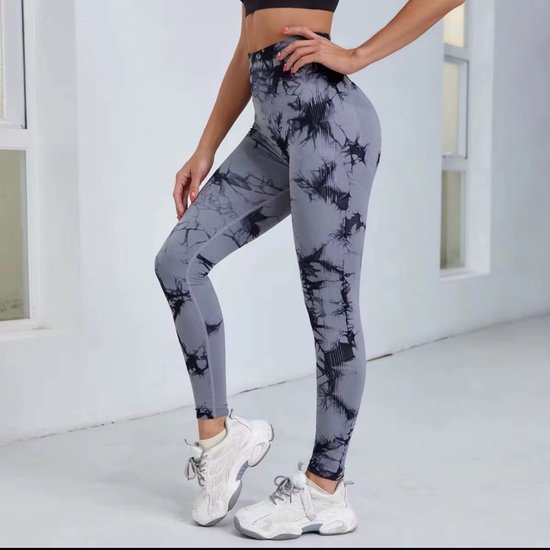 TIE DYE GYM LEGGING - Maat XL - Grijs - Zwart - Grey - Black - Sportwear - Fitness Wear - Fitness legging - Sportlegging - Yogalegging - Gymwear - Sportkleding - Gym kleding van Merkloos