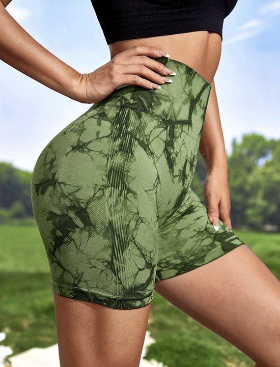 Tie Dye Short Legging - Maat L - Olijfgroen - Groen - Green - Fitness legging - Fitness short - Sportlegging - Sportshort - Yogalegging - Yoga short van Merkloos