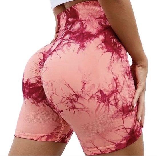 Tie Dye Short Legging - Maat M - Rood / Oranje - Red - Orange - Zalm - Fitness legging - Fitness short - Sportlegging - Sportshort - Yogalegging - Yoga short van T