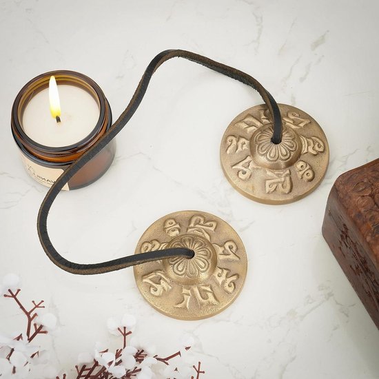 Tingsha Bekkens Klokken voor Boeddhistische Meditatie en Yoga - OM Mantra Symbolen - Reliëf Manjira - Grote Geschenken van T