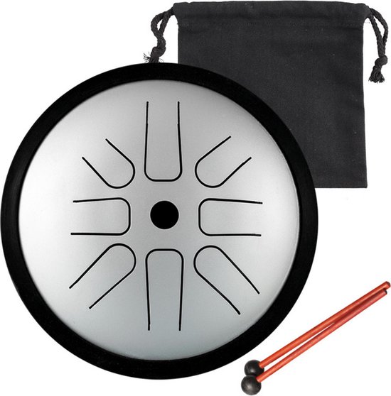 Tongue drum - 17.5 x 17.5 cm - Staal - Pentatonisch - 8 tonen in C5 - Meditatie - Yoga - Handpan - Klanktherapie - Cadeau-doos - Zilver van Merkloos