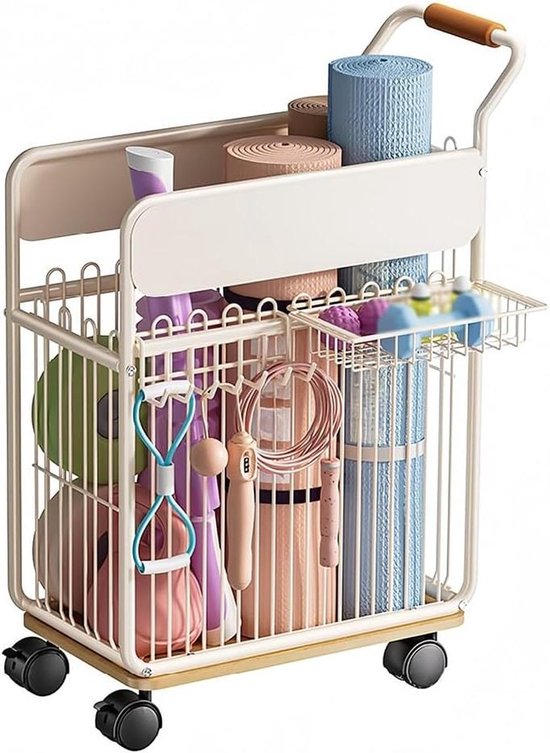 Training Equipment Storage,Rolling Yoga Mat Storage Cart,Multi-Compartment Home Gym Organizer with Wheels,Dumbbell & Sports Equipment Rack,Slim Fitness Gear Bin Side Hooks