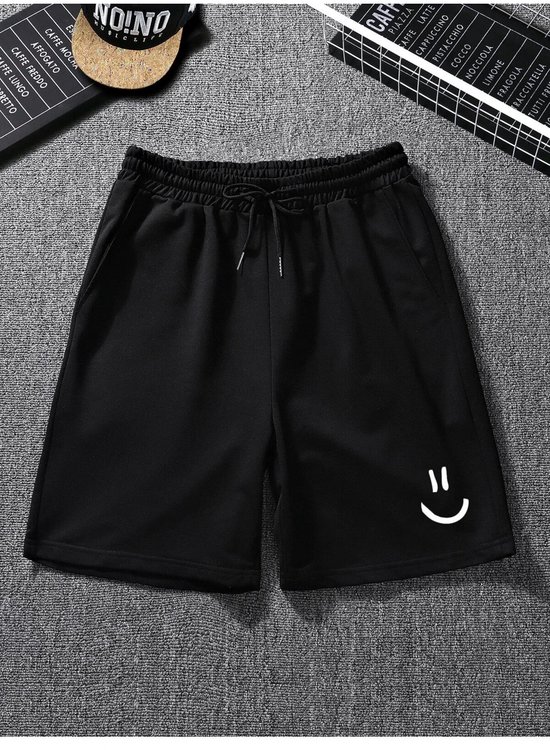 Trendy Zwarte Comfortabele Korte Broek met Elastische Taille en Stijlvolle Smiley Print voor Vrije Tijd en Sport - L-XL