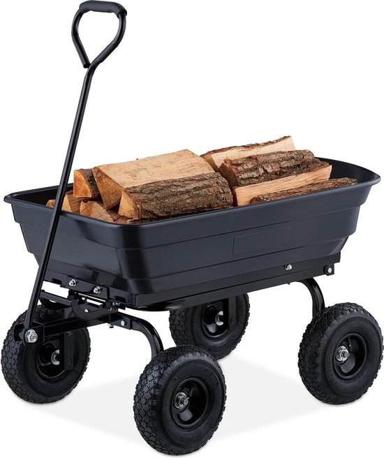 Tuinkar met kiepfunctie - bolderkar voor tuinafval - 4 luchtbanden - tot 250 kg - grote handwagen - zwart Bolderkar van VONROC