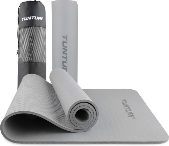 Tunturi Yoga Mat 8mm - Pilates mat - Extra dikke fitness mat - 183x61x0,8 cm - Incl Draagtas - Ecologisch materiaal - Eenvoudig te reinigen - Grijs van Tunturi