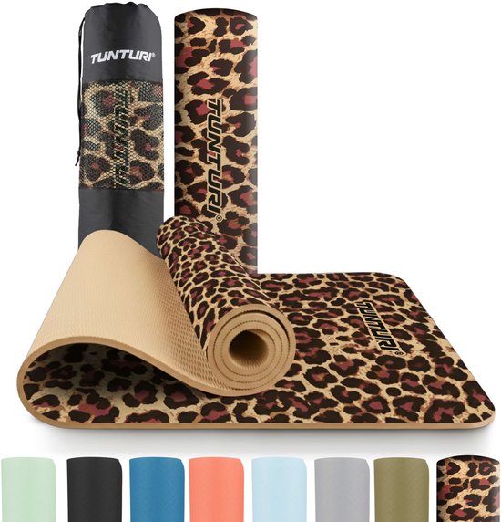Tunturi Yoga Mat 8mm - Pilates mat - Extra dikke fitness mat - 183x61x0,8 cm - Incl Draagtas - Ecologisch materiaal - Eenvoudig te reinigen - Luipaardprint van Merkloos