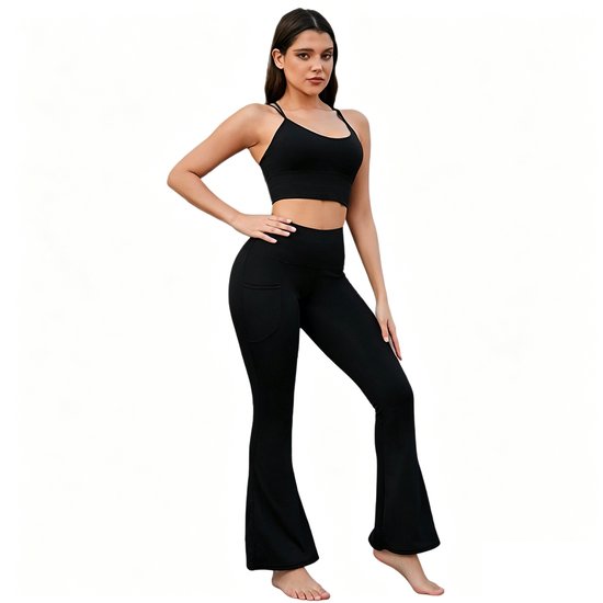 Uitlopende yogabroek voor dames - Zwart - Maat L - Legging met hoge taille – Ondoorzichtige bootcut - joggingbroek met zakken