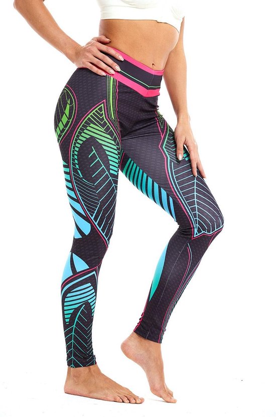 Ultimate Fit Fitnesslegging in decoratief blad print design. Zwart, roze, groen en blauw van Ultimate