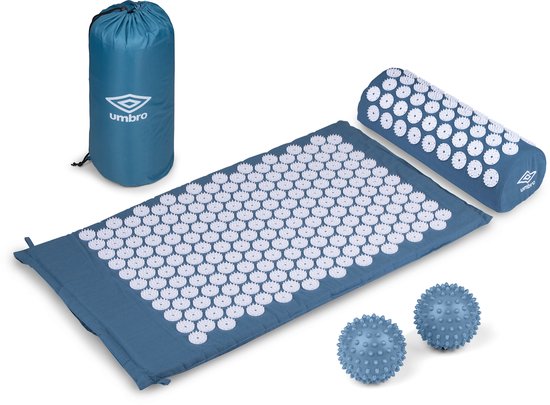 Umbro Spijkermat met Kussen en Massageballen - Massagemat voor Ontspanning - Shakti Mat Original met Draagtas - Acupressuur Mat voor Nek, Rug en Voeten - 71 X 42 cm Blauw van Merkloos