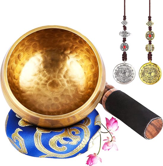 UNIDEAL Tibetaanse klankschaalset, Singing Bowl uit Tibet met klepel en klankschaalkussen, wordt geleverd met 2 belofte koperen ornamenten, handgemaakt in Nepal, voor yoga meditatie, ontspanning van UNIDEAL