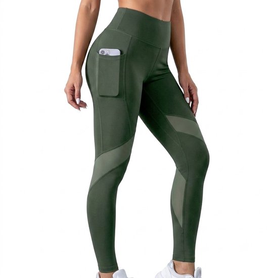 Varen groene yoga legging dames hoge taille sport legging compressie pilates legging butt lifting mesh panelen zijzak telefoonvak fitness legging elastische lange sportbroek L