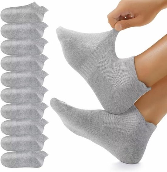 Verpakking van 10 paar – Unisex laag uitgesneden katoenen sokken – Ademende, antislip sportsokken – Mesh bootsokken – Hardloop- & sportsokken (enkelhoogte) – Lichtgewicht katoenen sokken – Maat M – Lichtgrijs - maat 36—41 van Merkloos