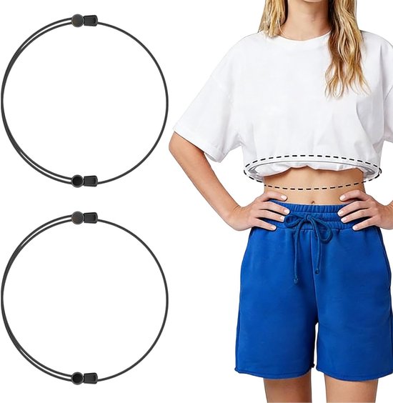 Verstelbare Tailleband voor Dames, 2 Stuks, Geschikt voor Crop Tops, Shirts en Sweaters, Geen Gaten, Zwart, Ideaal voor Yoga en Sportactiviteiten