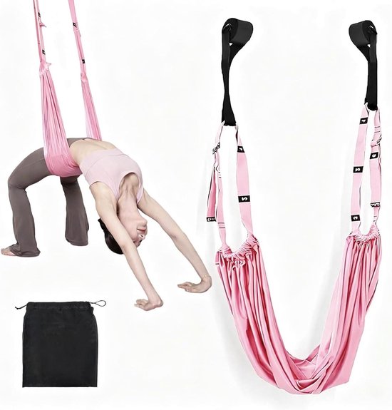Verstelbare yoga-riem in roze voor oefeningen, luchtstof hangmat, ideaal voor fitness, pilates en dans
