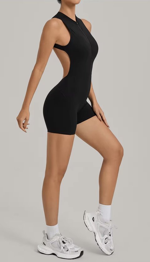 Vixen Short Jumpsuit Dames – Maat l - Zwart - Seamless Sport Jumpsuit met Rits en Open Rug – Korte Fitness & Yoga Jumpsuit – Sportpak Dames