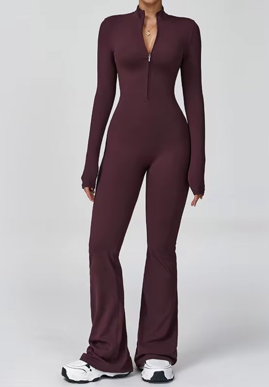 Volt Zip Flare Jumpsuit - Maat L - Burgundy - Ribbed Stretch Jumpsuit met Ritssluiting – Comfortabele Flare Fit - Bordeaux Rood - Seamless - Dames