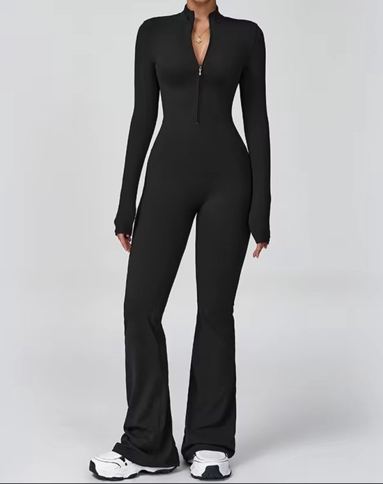 Volt Zip Flare Jumpsuit - Maat M - Zwart - Ribbed Stretch Jumpsuit met Ritssluiting – Comfortabele Flare Fit - Black - Seamless - Dames van Merkloos
