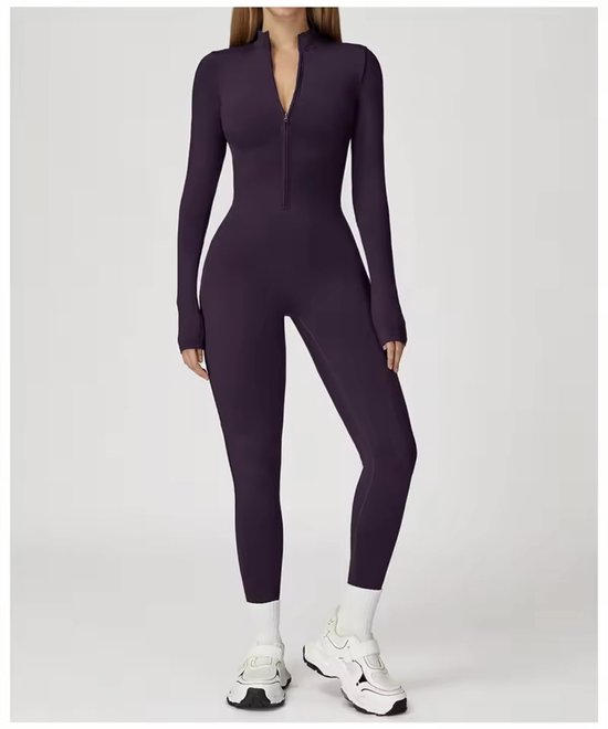 Volt Zip Long Jumpsuit – Maat M - Paars - Gevoerde Long Sleeve Dames Jumpsuit - Aubergine
