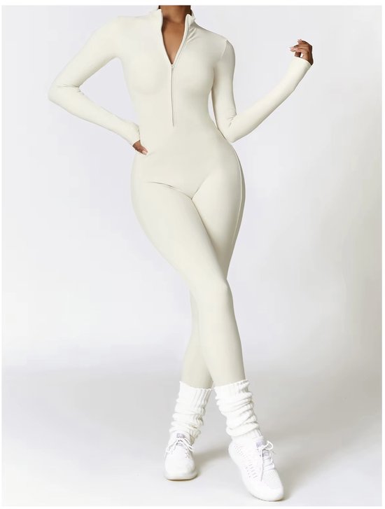Volt Zip Long Jumpsuit – Maat XL – Creme - Gevoerde Long Sleeve Dames Jumpsuit - Beige