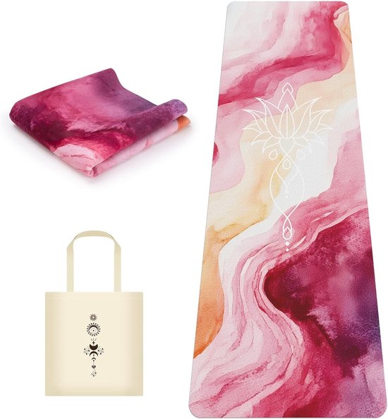 Vouwbare Yoga Mat van Suède, Scheurvast en Antislip, Inclusief Draagtas voor Yoga, Pilates en Training, 1.5 mm Dikte, 183 x 61 cm, Ideaal voor Thuis en Sportschool