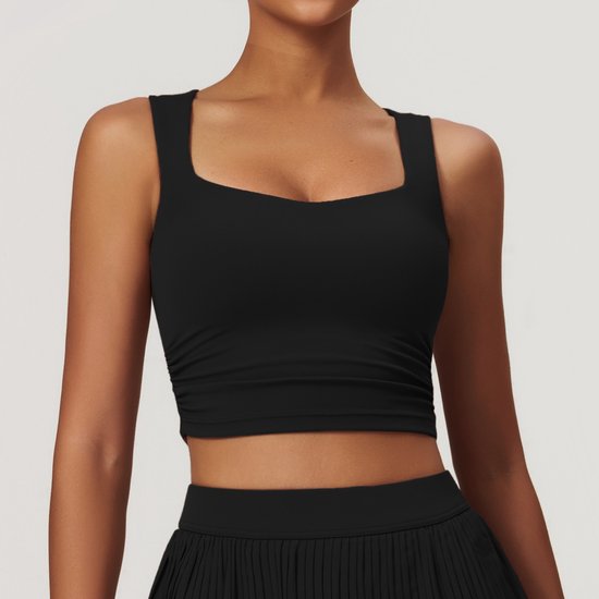 Vrouwen Sportbeha - Gewatteerde Draadloze Crop Top - Gym Workout Tops en Camisole - met Ingebouwde Beha - Vierkante Hals - L - Zwart van YIANNA