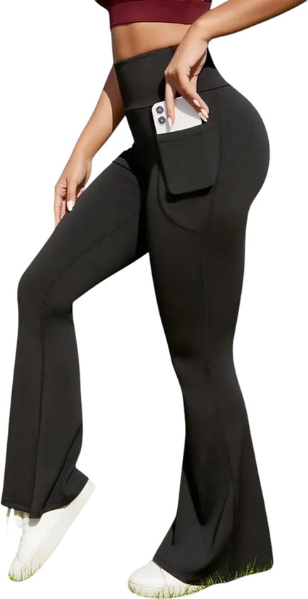 VYNEFLARE Dames Flared Sportlegging - Petite Lengte - Hoge Taille Yoga Broek met Zijzak - Niet Doorschijnend & Rekbaar - Comfortabele Broek voor Sport, Werk & Dagelijks - Elegant & Comfortabel - Zwart - Maat M van VYNEFLARE