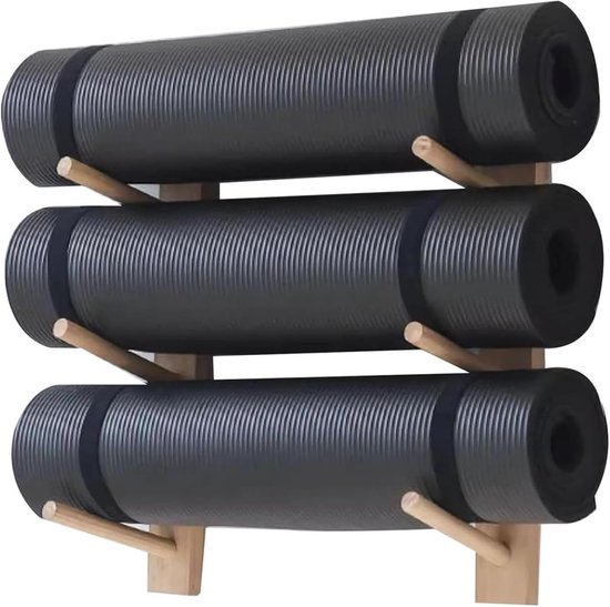 Wandrek Yogamatten - Fitness Opberger - Thuis Sporten - Massief Hout - Verstelbare Breedte - Natuurlijk Hout