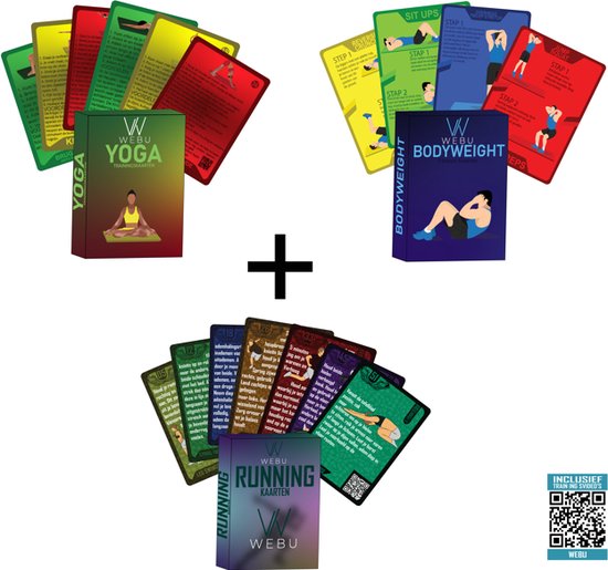 WEBU 51 Yoga Trainingskaarten + 51 Bodyweight Workout Kaarten + 51 Running Trainingskaarten - Incl. Professionele Video’s - Fitness - Yoga - Crossfit - Mat - Pilates - Thuis Sporten van WEBU