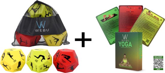 WEBU Yoga Dobbelstenen + 51 Yoga Trainingskaarten - Meditatie - Bal / Pilates - Thuis Sporten - Fitness - Crossfit - Yogamat - Incl. Professionele video’s van WEBU