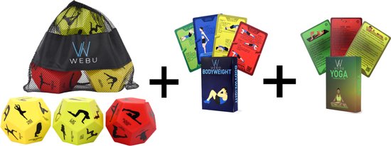 WEBU Yoga Dobbelstenen + Yoga Trainingskaarten + Bodyweight Workout Kaarten - Meditatie -  Bal / Pilates - Thuis Sporten - Fitness - Crossfit - Yogamat - Incl. GRATIS Professionele video’s van WEBU