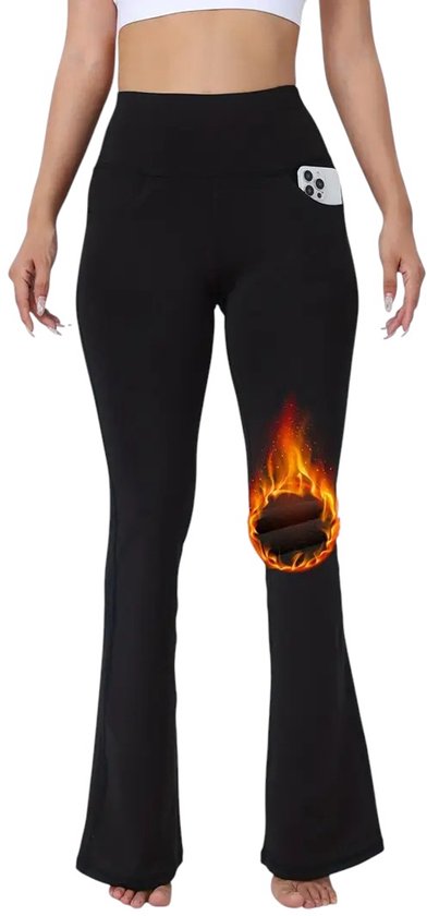 WINTERCASUAL Dames Flared Pants met Fleece Voering - 4 Handige Zakken - Front Pockets & Back Pockets - Legging - Broek met Zakken – met Uitlopende Pijpen - Extra Warm - Zwart - Maat XL van Merkloos