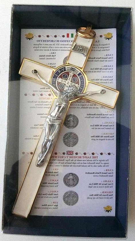Witte Sint Benedictus Kruis - Exorcisme Kruis Muurdecoratie - Religieuze Decoratie - Handgeëmailleerd Medaillon - 20 cm - Wit Goud