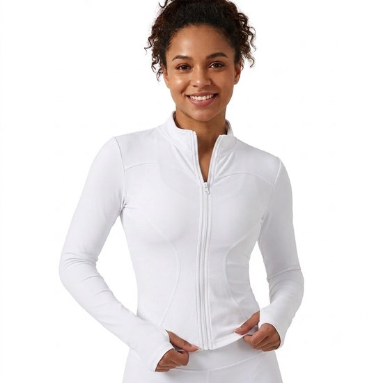 Witte sport jas dames slim fit volledige rits fitness jas yoga jas pilates trui hardloop jas met duim gaten hoge kraag aansluitend model lange mouwen euro maat M