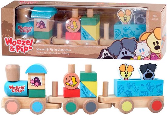 Woezel en Pip houten trein - Blokken - Locomotief en 2 wagons - Met 2 speelfiguren - 45 cm lang van Woezel en Pip