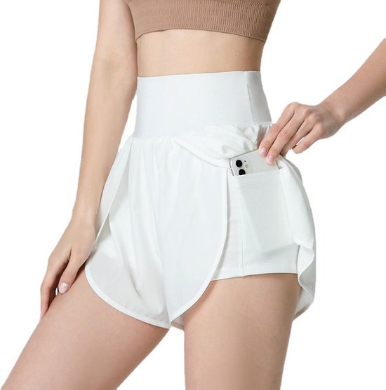Workout Short Dames - 2 in 1 Ademend - hoge taille Vrouwen - Sport - Anti reflecterend Sportbroek - fitness korte broek - Outdoor - Zomer - Meiden - yoga culottes - Wit Maat XL van Merkloos