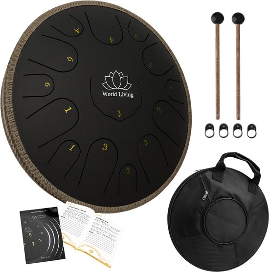 World Living Handpan - 36 cm ø - Steel Tongue Drum - Hand Klankschaal incl. Lesboek, Standaard & Beschermtas - Hangdrum van World Living