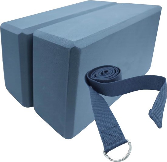 Yoga Blokken Set - Perfect Voor Stretchen- 2 Hoge Dichtheid Blokken -Inclusief D-Ring Stretchband - Katoen - Blauw van Yogii Studio
