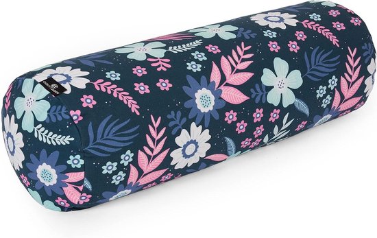 Yoga Bolster - Meditatiekussen Yogakussen - Ontspannend Stretchen - Biologische Boekweitvulling - 23cm x 61cm - Blauwe Bloemen